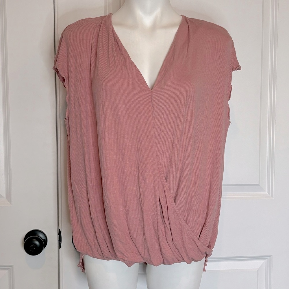 NWT Anthro Saturday Sunday Clarissa Pink Rose Ribbed Wrap Short Sleeve Top M